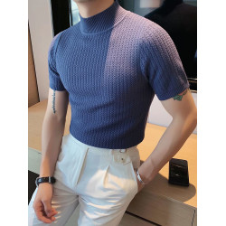 美式硬漢風小高領t恤男修身型彈力短袖針織衫薄款透氣中領打底衫
