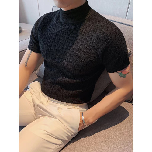 美式硬漢風小高領t恤男修身型彈力短袖針織衫薄款透氣中領打底衫 美式硬漢風小高領t恤男修身型彈力短袖針織衫薄款透氣中領打底衫