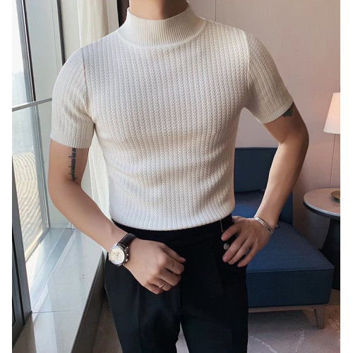 美式硬漢風小高領t恤男修身型彈力短袖針織衫薄款透氣中領打底衫 美式硬漢風小高領t恤男修身型彈力短袖針織衫薄款透氣中領打底衫