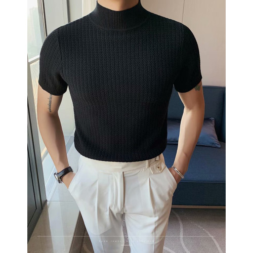 美式硬漢風小高領t恤男修身型彈力短袖針織衫薄款透氣中領打底衫 美式硬漢風小高領t恤男修身型彈力短袖針織衫薄款透氣中領打底衫