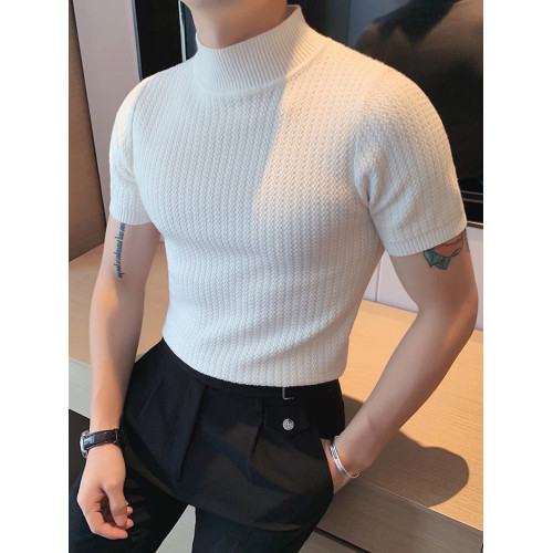 美式硬漢風小高領t恤男修身型彈力短袖針織衫薄款透氣中領打底衫 美式硬漢風小高領t恤男修身型彈力短袖針織衫薄款透氣中領打底衫