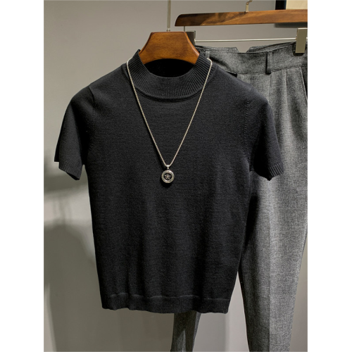 秋冬男士半高領針織短袖韓版修身純色半袖T恤緊身中領打底衫線衫