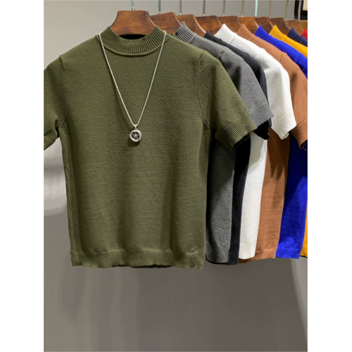 秋冬男士半高領針織短袖韓版修身純色半袖T恤緊身中領打底衫線衫