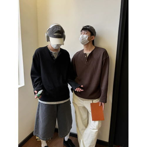 美式復古假兩件慵懶長袖t恤男女春秋oversize冷淡風休閒打底衫潮