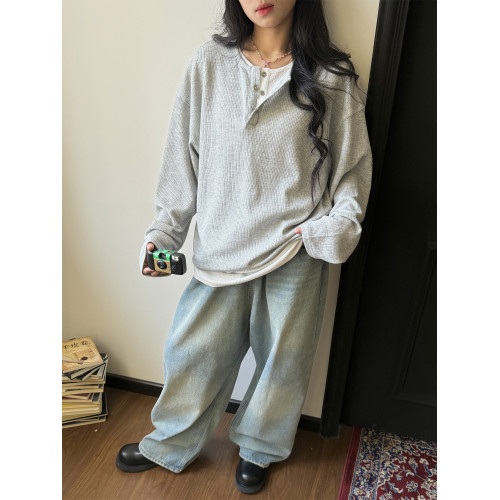 美式復古假兩件慵懶長袖t恤男女春秋oversize冷淡風休閒打底衫潮