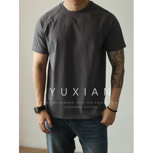 YUXIAN美式重磅300克純棉雙紗短袖插肩袖T恤純色圓領男士春夏四季