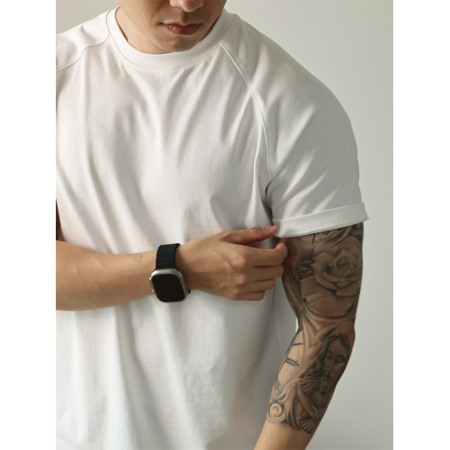 YUXIAN美式重磅300克純棉雙紗短袖插肩袖T恤純色圓領男士春夏四季