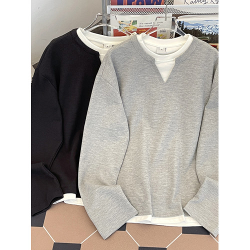 春秋季長袖T恤男款美式潮流ins假兩件衛衣寬松套頭百搭休閒打底衫