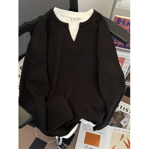 春秋季長袖T恤男款美式潮流ins假兩件衛衣寬松套頭百搭休閒打底衫