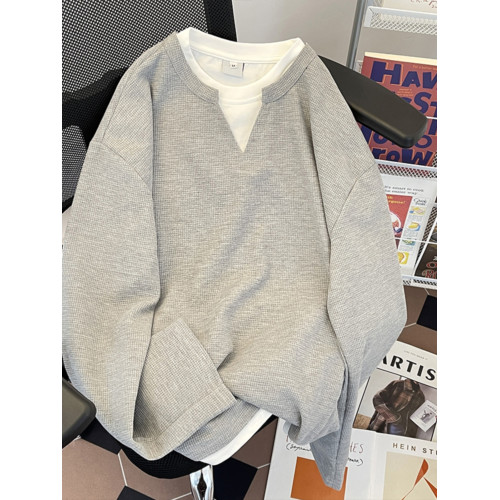 春秋季長袖T恤男款美式潮流ins假兩件衛衣寬松套頭百搭休閒打底衫