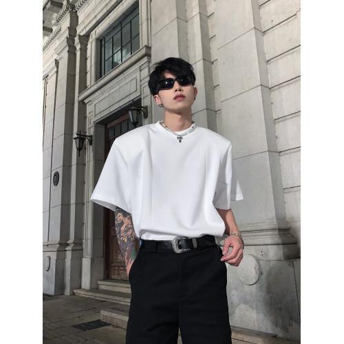 黑滄社/韓國黑色重磅墊肩短袖男夏季百搭打底衫純色t恤高級感內搭