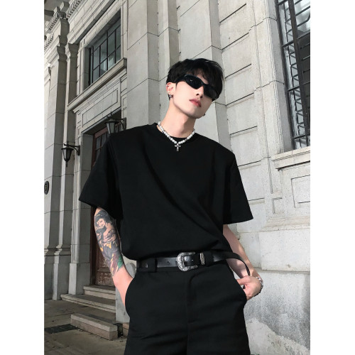 黑滄社/韓國黑色重磅墊肩短袖男夏季百搭打底衫純色t恤高級感內搭