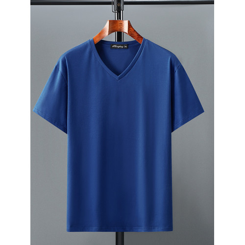 夏季純棉短袖t恤男士加肥加大碼胖子v領寬松純色半袖打底衫300斤