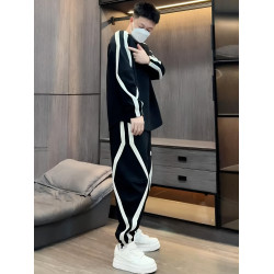 春秋新款條紋拼接圓領衛衣衛褲兩件套男潮流高級寬松運動休閒套裝