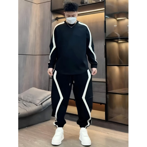 春秋新款條紋拼接圓領衛衣衛褲兩件套男潮流高級寬松運動休閒套裝 春秋新款條紋拼接圓領衛衣衛褲兩件套男潮流高級寬松運動休閒套裝