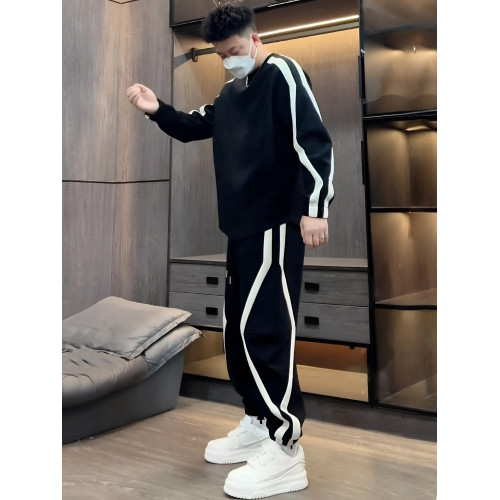 春秋新款條紋拼接圓領衛衣衛褲兩件套男潮流高級寬松運動休閒套裝 春秋新款條紋拼接圓領衛衣衛褲兩件套男潮流高級寬松運動休閒套裝