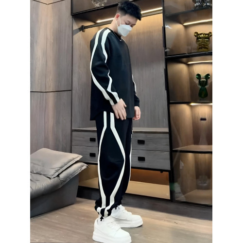 春秋新款條紋拼接圓領衛衣衛褲兩件套男潮流高級寬松運動休閒套裝 春秋新款條紋拼接圓領衛衣衛褲兩件套男潮流高級寬松運動休閒套裝