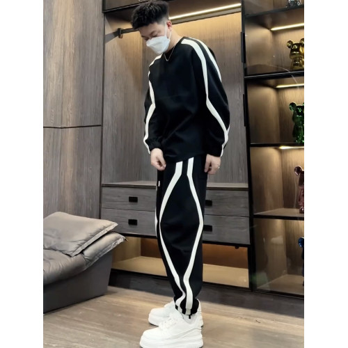 春秋新款條紋拼接圓領衛衣衛褲兩件套男潮流高級寬松運動休閒套裝 春秋新款條紋拼接圓領衛衣衛褲兩件套男潮流高級寬松運動休閒套裝