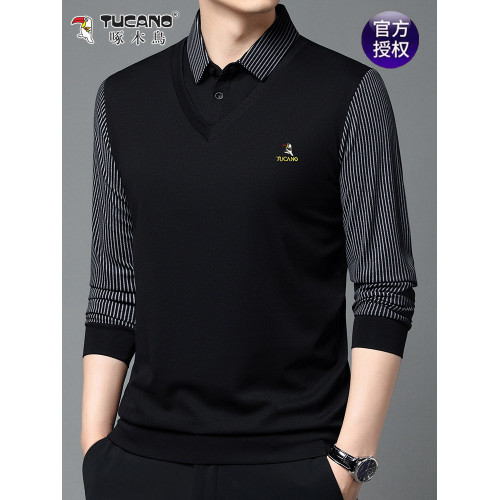 啄木鳥男士春秋假兩件純棉長袖T恤上衣繙領衛衣中老年寬鬆打底衫