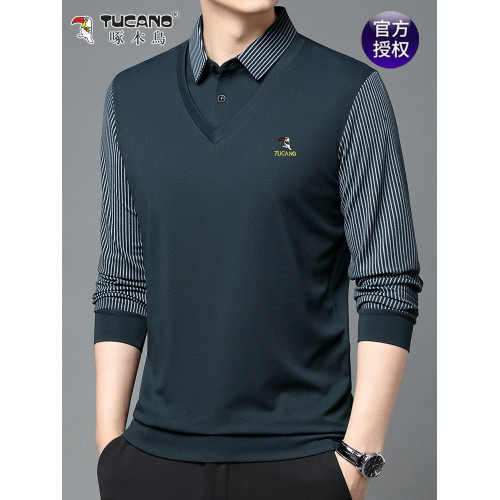 啄木鳥男士春秋假兩件純棉長袖T恤上衣繙領衛衣中老年寬鬆打底衫