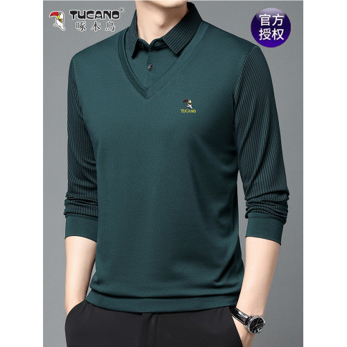 啄木鳥男士春秋假兩件純棉長袖T恤上衣繙領衛衣中老年寬鬆打底衫