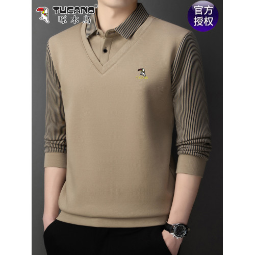 啄木鳥男士春秋假兩件純棉長袖T恤上衣繙領衛衣中老年寬鬆打底衫