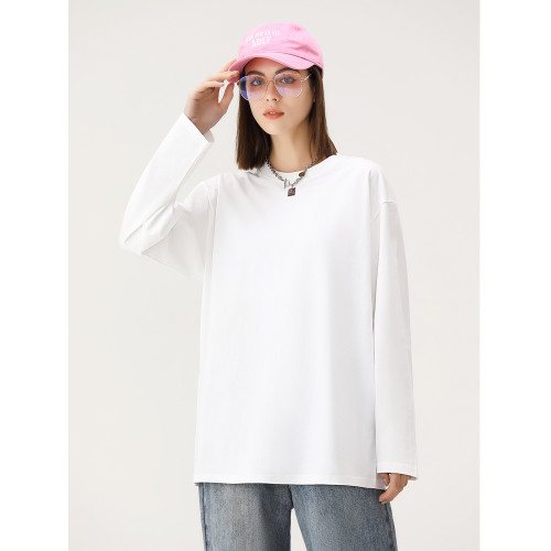 270g重磅純棉長袖t恤二本針秋冬純色男女衛衣白色圓領打底衫寬鬆t