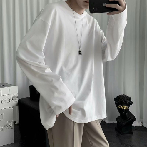 春季長袖t恤男寬松韓版潮牌潮流內搭純色上衣加絨加厚休閒打底衫