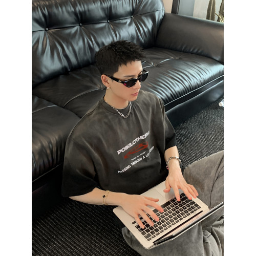 PLTH*漸變水洗重磅美式復古休閒日常百搭T恤男女寬松落肩純棉短袖