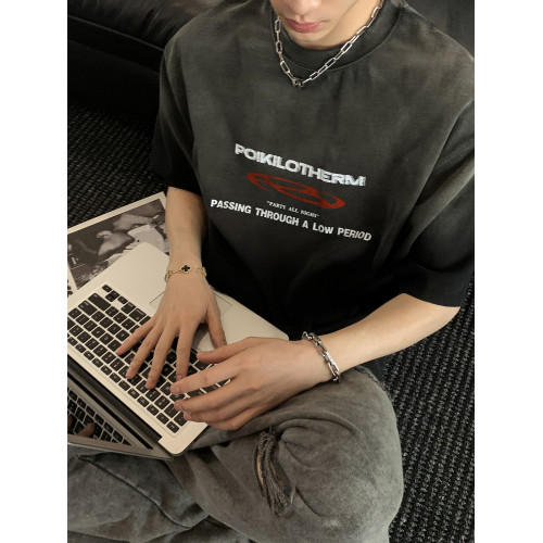 PLTH*漸變水洗重磅美式復古休閒日常百搭T恤男女寬松落肩純棉短袖