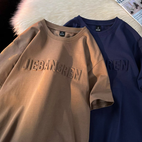 重磅美式復古短袖t恤男純棉潮牌寬松休閒百搭情侶鋼印圓領體恤衫