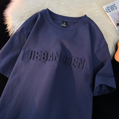 重磅美式復古短袖t恤男純棉潮牌寬松休閒百搭情侶鋼印圓領體恤衫