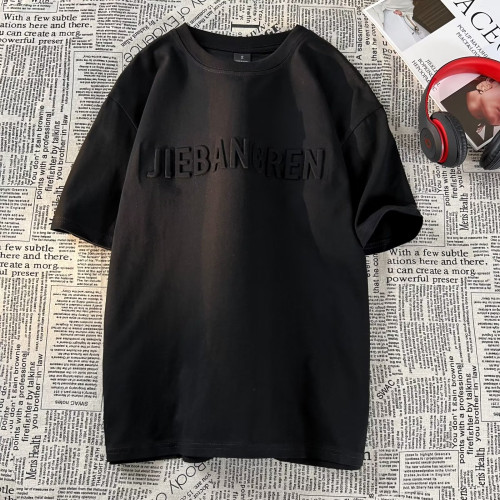 重磅美式復古短袖t恤男純棉潮牌寬松休閒百搭情侶鋼印圓領體恤衫