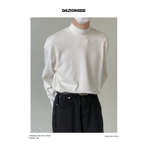 DAZO 半高領打底衫男純色長袖T恤寬鬆百搭春秋季簡約內搭上衣潮