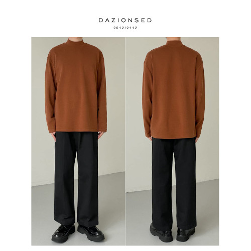 DAZO 半高領打底衫男純色長袖T恤寬鬆百搭春秋季簡約內搭上衣潮