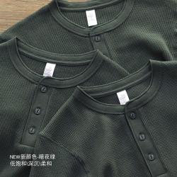 美式復刻350克休閒亨利衫復古重磅TEE高品質華夫格素色長袖T恤男