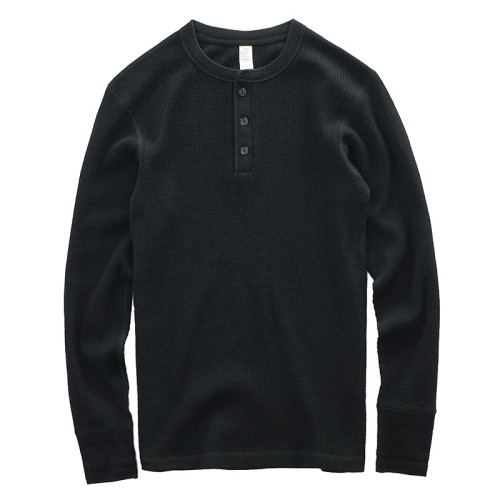 美式復刻350克休閒亨利衫復古重磅TEE高品質華夫格素色長袖T恤男