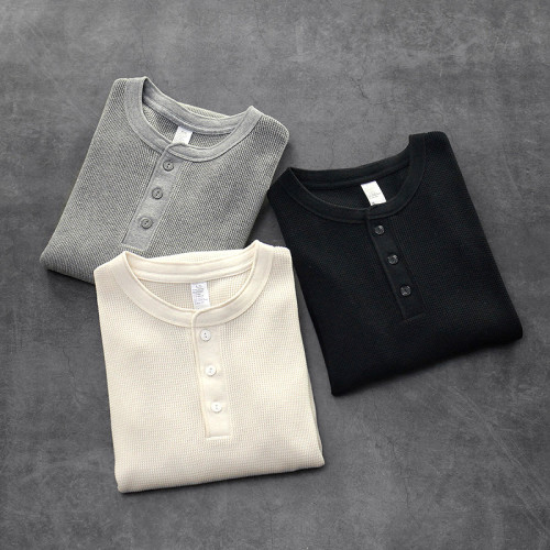 美式復刻350克休閒亨利衫復古重磅TEE高品質華夫格素色長袖T恤男