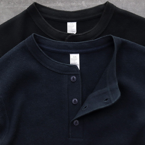 美式復刻350克休閒亨利衫復古重磅TEE高品質華夫格素色長袖T恤男