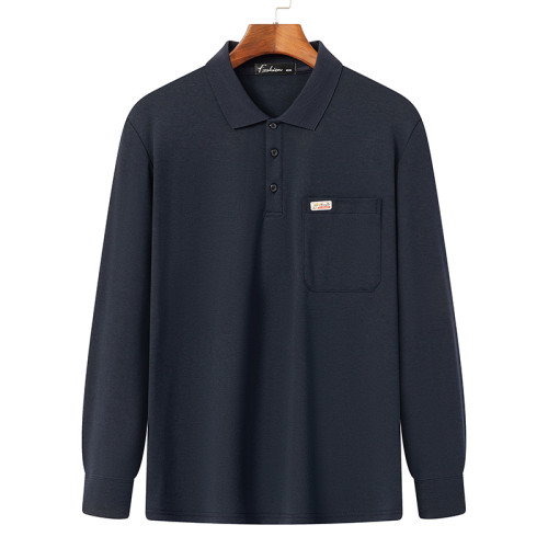 春秋季爸爸裝中年男士棉質長袖t恤純色翻領時尚2025新款休閒上衣