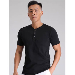 短袖/男亨利領門筒薄款硬漢白色純棉黑色修身T恤上衣簡約休閒美式