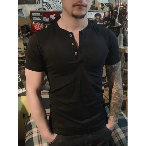 短袖/男亨利領門筒薄款硬漢白色純棉黑色修身T恤上衣簡約休閒美式