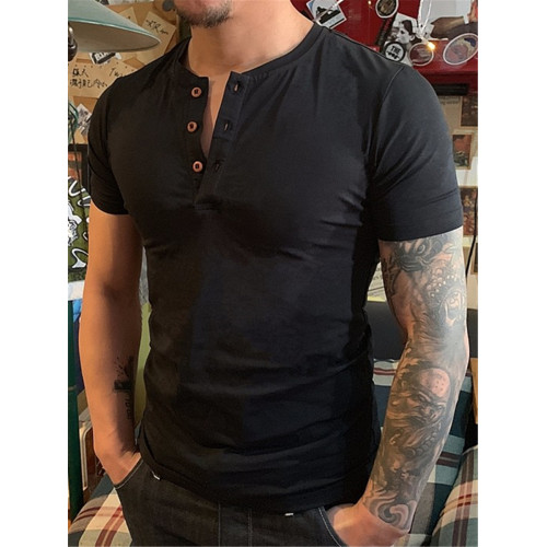 短袖/男亨利領門筒薄款硬漢白色純棉黑色修身T恤上衣簡約休閒美式