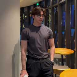 夏季型男矽油小圓領夏季韓版寬松純色休閒透氣收袖口半袖短袖T恤