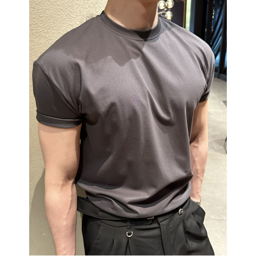 夏季型男矽油小圓領夏季韓版寬松純色休閒透氣收袖口半袖短袖T恤