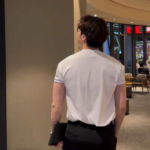 夏季型男矽油小圓領夏季韓版寬松純色休閒透氣收袖口半袖短袖T恤