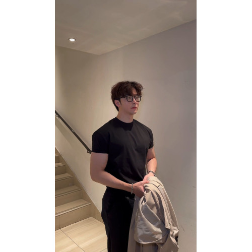 夏季型男矽油小圓領夏季韓版寬松純色休閒透氣收袖口半袖短袖T恤