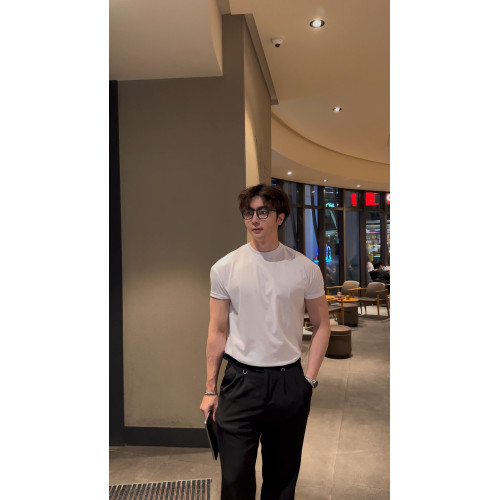 夏季型男矽油小圓領夏季韓版寬松純色休閒透氣收袖口半袖短袖T恤