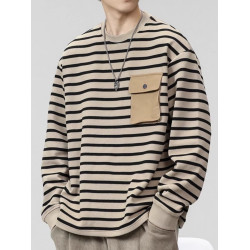 日系復古潮牌條紋長袖T恤男士春秋季新款潮牌寬松大碼圓領打底衫