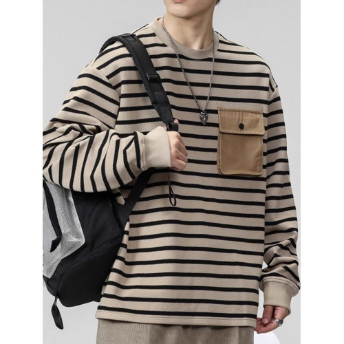 日系復古潮牌條紋長袖T恤男士春秋季新款潮牌寬松大碼圓領打底衫 日系復古潮牌條紋長袖T恤男士春秋季新款潮牌寬松大碼圓領打底衫